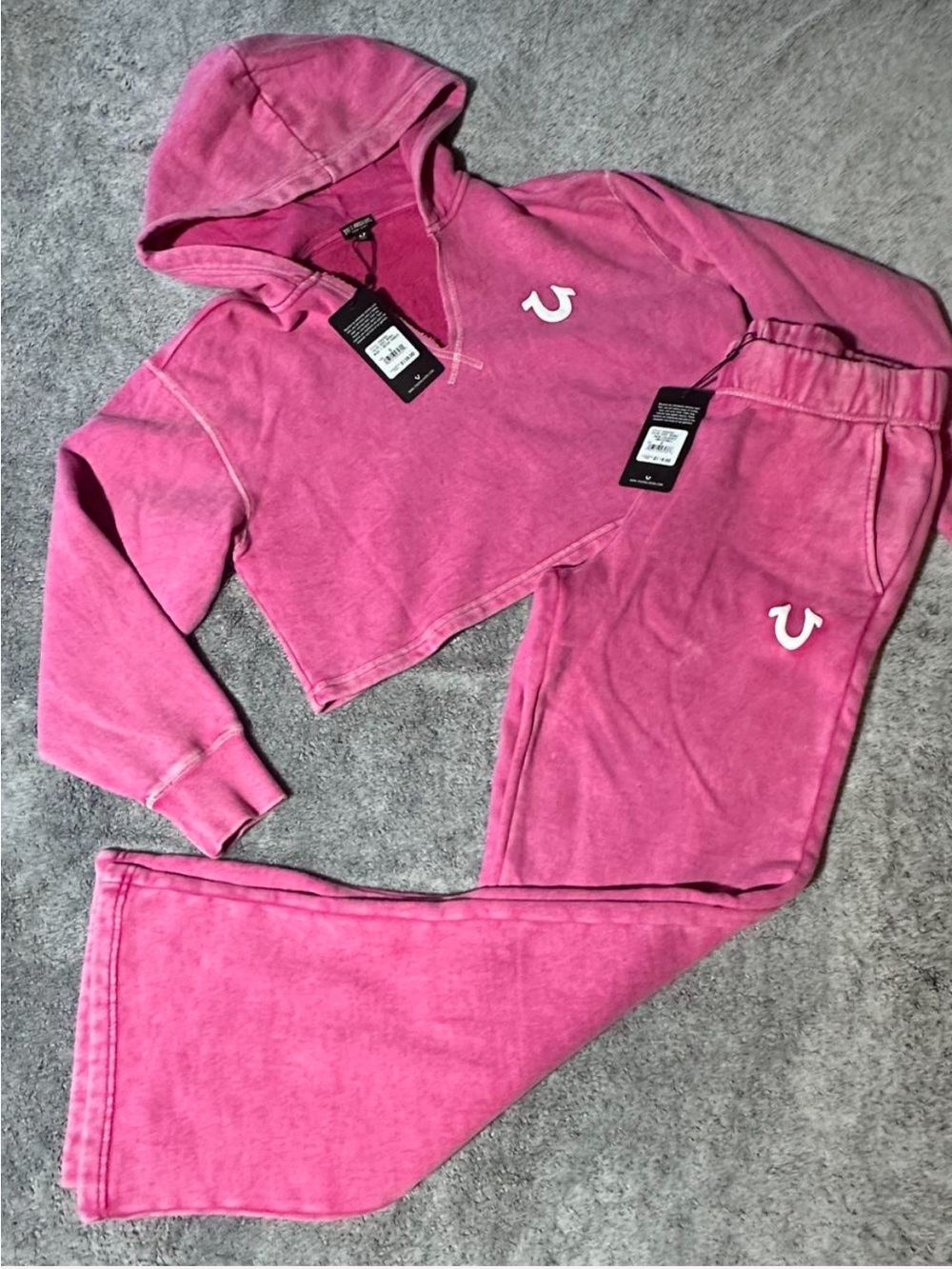 True Religion Washed Pink Cropped Hoodie and Sweat Pant Set